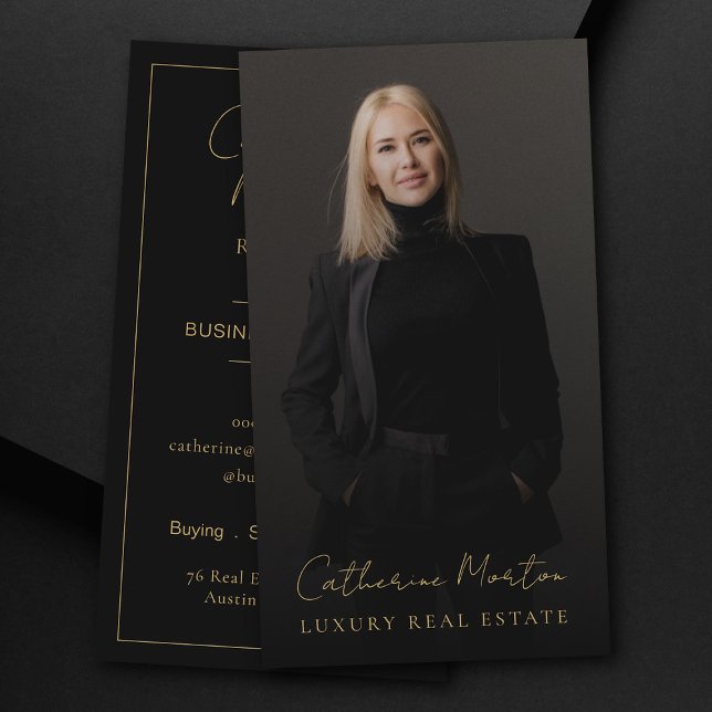Carte De Visite Chic Black Gold Photo Luxe Immobilier (Luxury Real Estate Business Card With Chic Black & Gold Script Realtor Broker Photo)