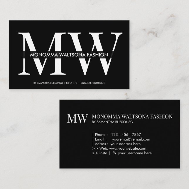 Carte De Visite Chic black typography monogram lettering name (Devant / Derrière)
