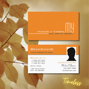 Carte De Visite Chic blanc orange simple avec Monogramme et photo
