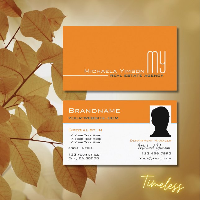 Carte De Visite Chic blanc orange simple avec Monogramme et photo (Créateur téléchargé)