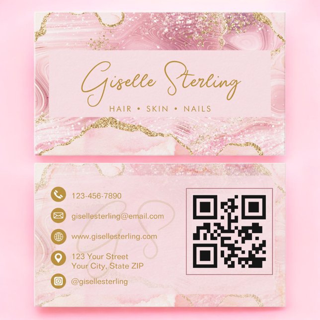 Carte De Visite Chic Blush Pink Gold Agate Marble QR Code Luxe (Créateur téléchargé)