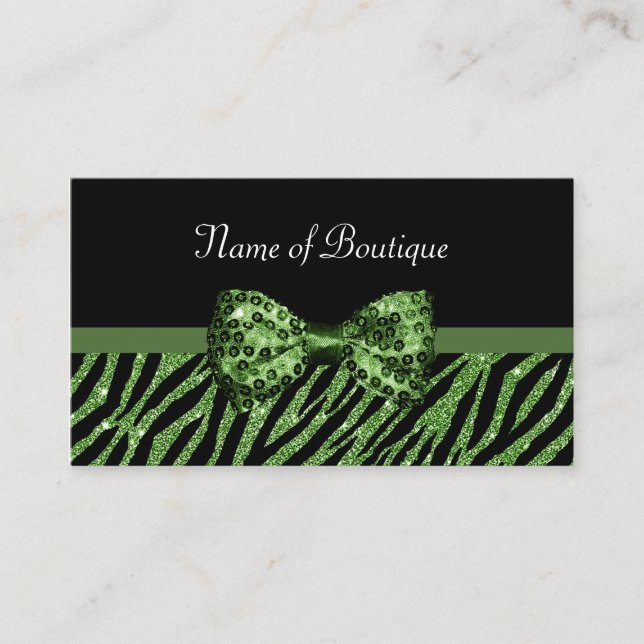 Carte De Visite Chic Boutique Green Zebra FAUX Glitz Bow (Devant)