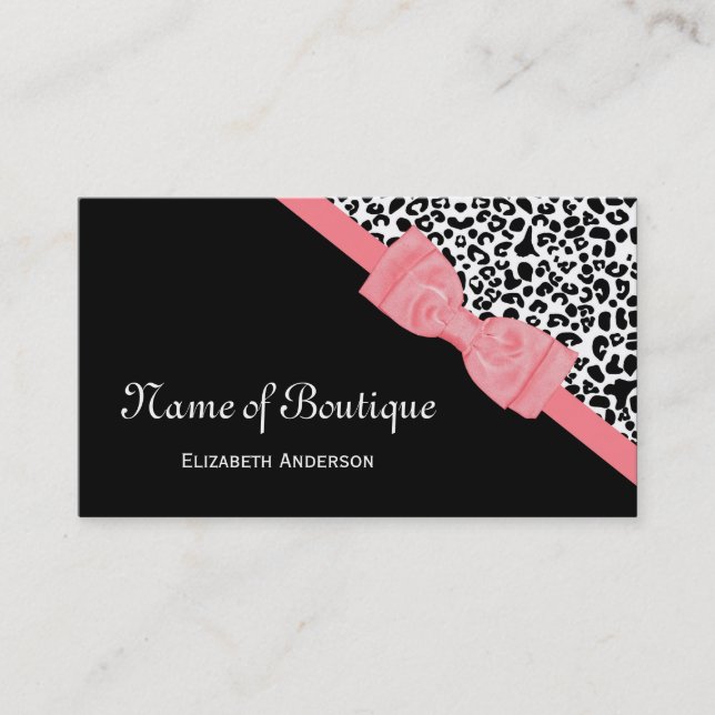 Carte De Visite Chic Boutique noir et blanc Leopard rose ruban (Devant)
