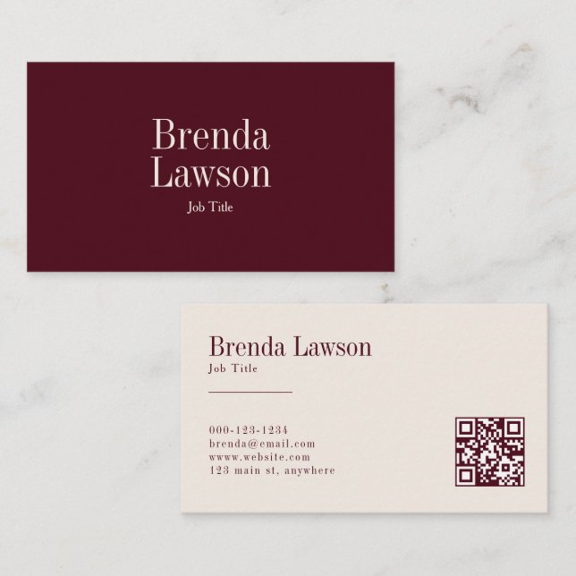 Carte De Visite Chic Burgundy & Beige Professional QR Code (Devant / Derrière)