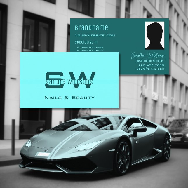 Carte De Visite Chic clair foncé Turquoise avec Monogramme et phot (Créateur téléchargé)