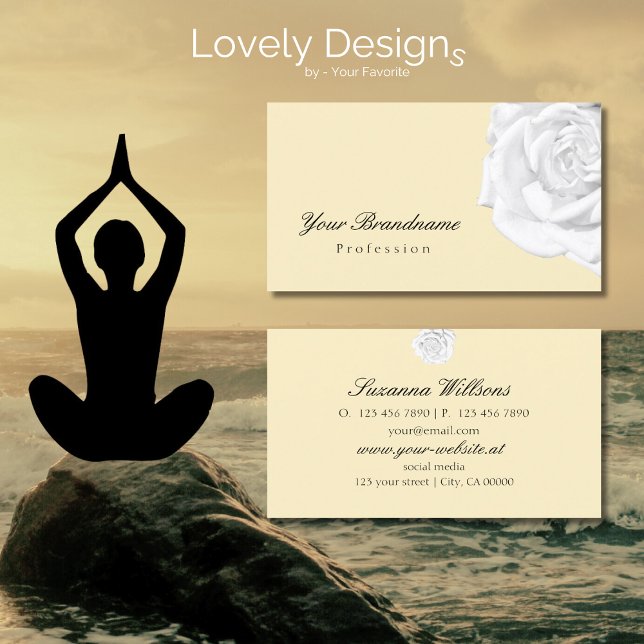 Carte De Visite Chic clair Pêcher Beige avec Rose blanche mignonne (Créateur téléchargé)