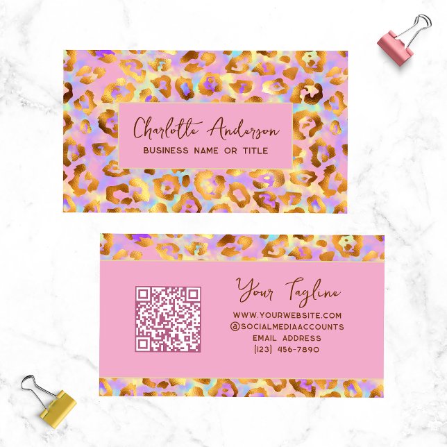 Carte de visite chic code QR léopard or pastel (Créateur téléchargé)