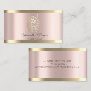 Carte De Visite Chic Cupcake Gold Stripe Rose Gold Bakery