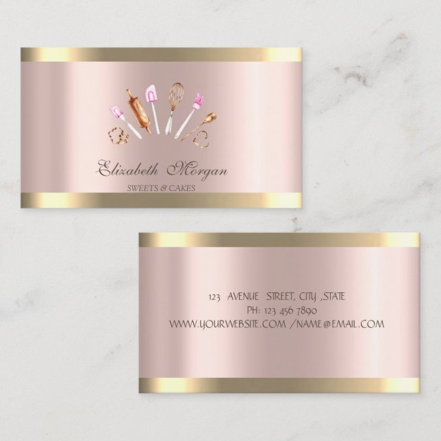 Carte De Visite Chic Cupcake Gold Stripe Rose Gold Bakery Outils (Devant / Derrière)