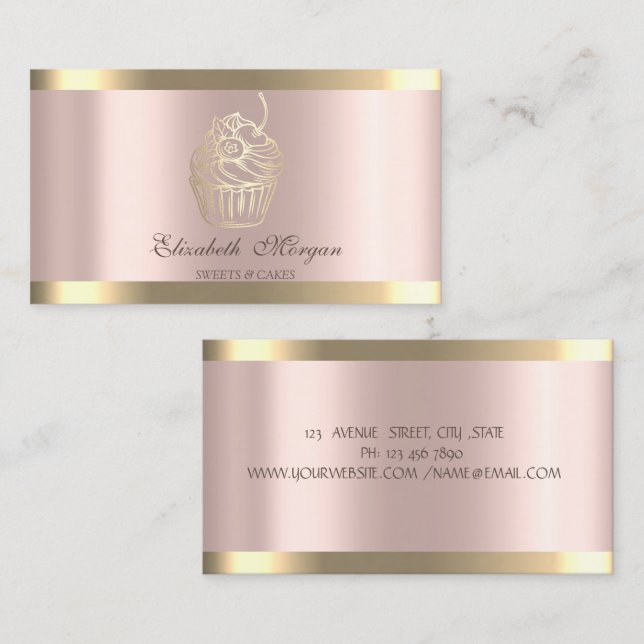 Carte De Visite Chic Cupcake Rayure Dorée Rose Or Boulangerie (Devant / Derrière)
