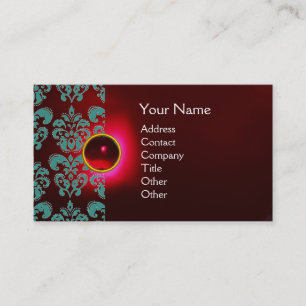 Carte De Visite CHIC DAMASK GEM MONOGRAM rouge bordeaux bleu