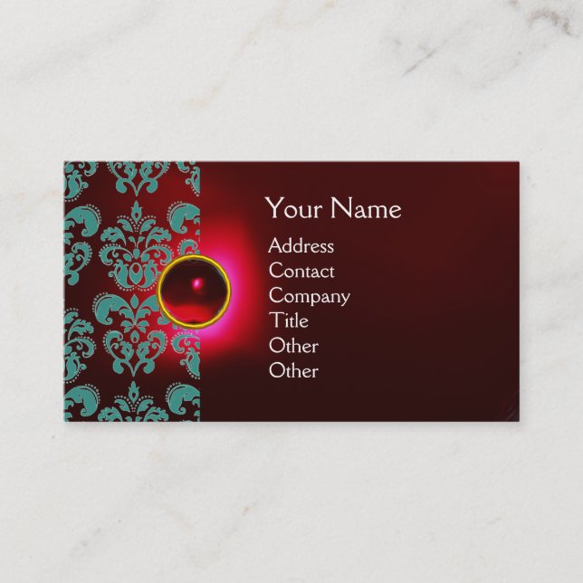 Carte De Visite CHIC DAMASK GEM MONOGRAM rouge bordeaux bleu (Devant)