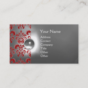 Carte De Visite CHIC DAMASK GEM MONOGRAS blanc rouge