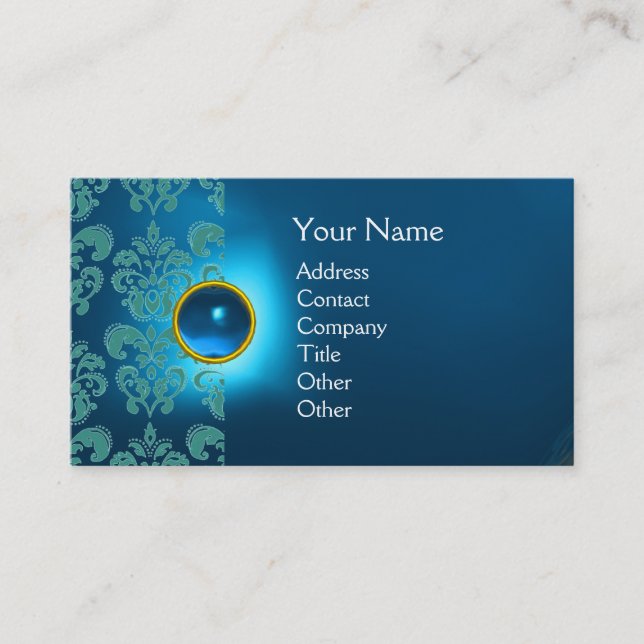 Carte De Visite CHIC DAMASK GEM MONOGRAS bleu (Devant)