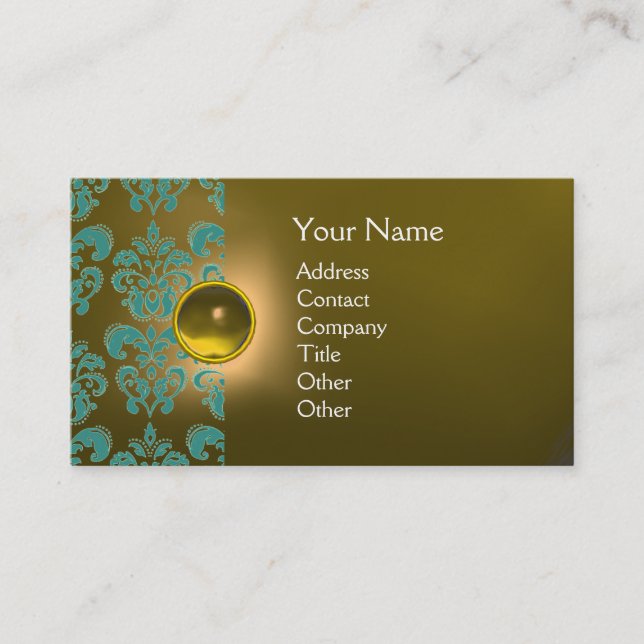 Carte De Visite CHIC DAMASK GEM MONOGRAS jaune Bleu (Devant)