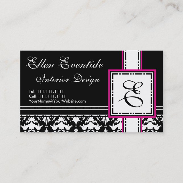 Carte De Visite Chic designer Lady Pink et Monogramme noir (Devant)