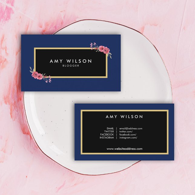 Carte De Visite Chic Elegant Blogger Social Media Blue Floral (Créateur téléchargé)