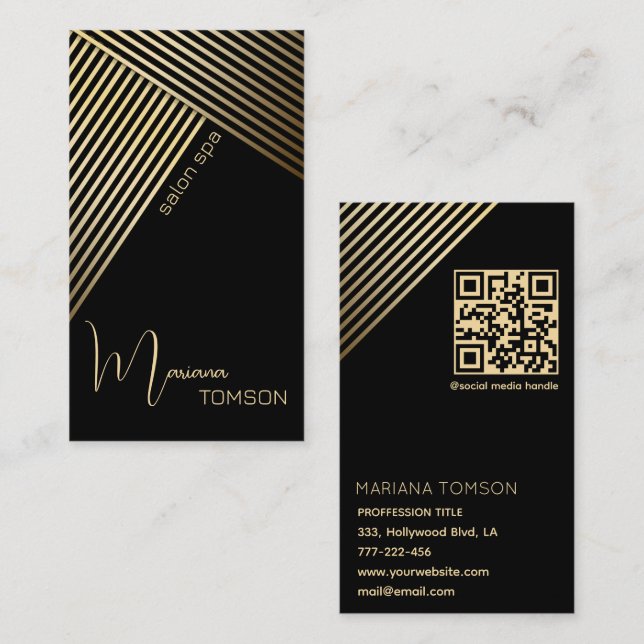 Carte De Visite Chic élégante rayures dorées/noires code Qr (Devant / Derrière)