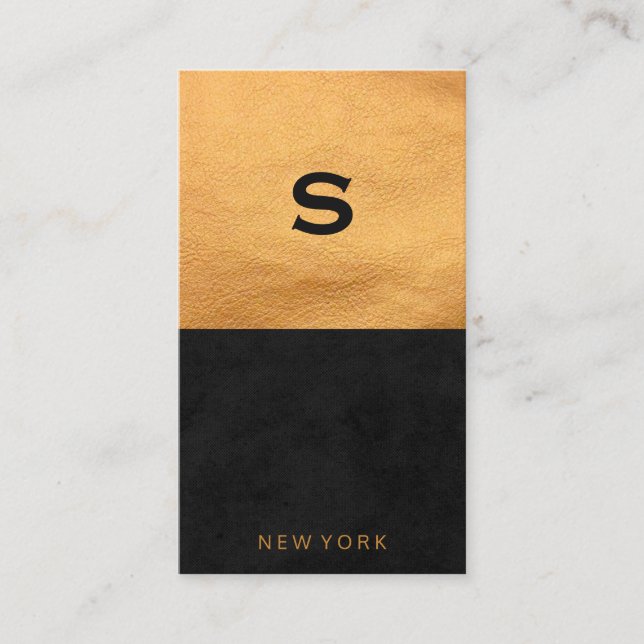 Carte De Visite Chic en cuir doré noir lisse | Bloc couleur (Devant)