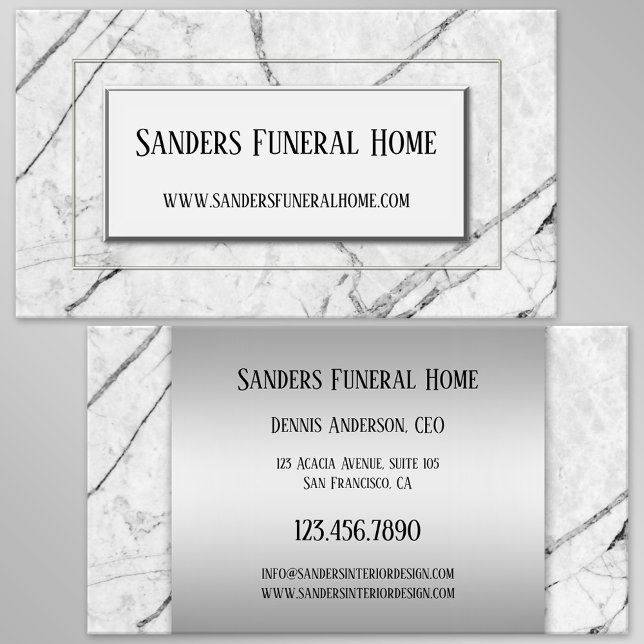 Carte de visite chic en marbre gris argenté (Business card featuring a black and white marble design with silver lining - undertaker - cremation)