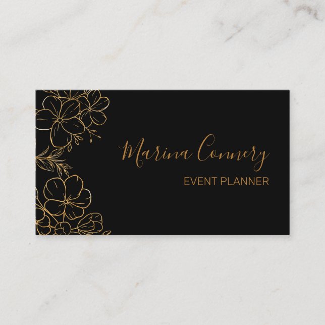 Carte De Visite Chic Floral Line Drawing Black Gold Event Planner (Devant)