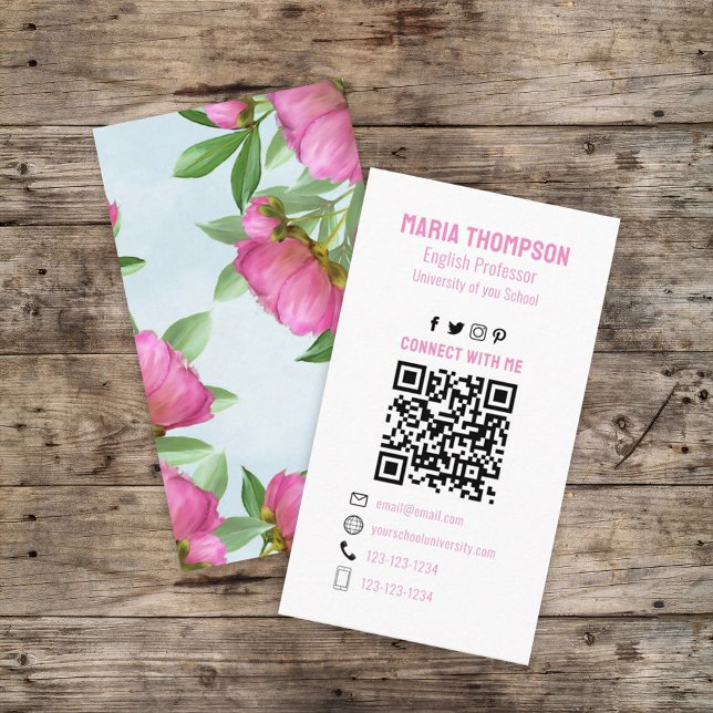 Carte De Visite Chic Floral Peony Professional QR Code (Créateur téléchargé)