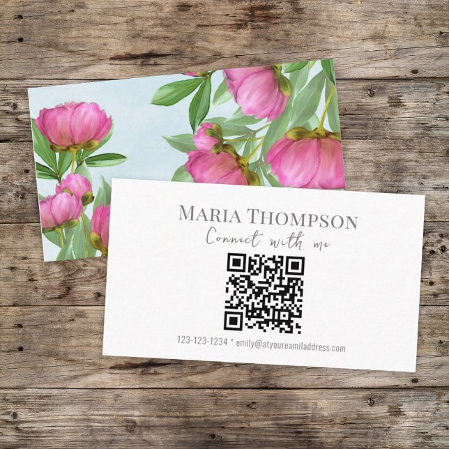 Carte De Visite Chic Floral Peony Professional QR Code (Créateur téléchargé)