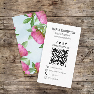 Carte De Visite Chic Floral Peony Professional QR Code Simple
