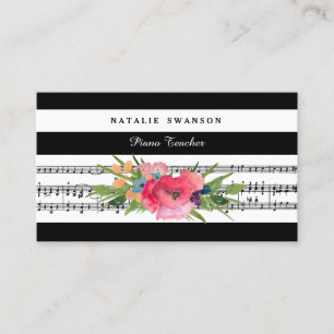 Carte De Visite Chic Floral Piano enseignant Notes musicales moder