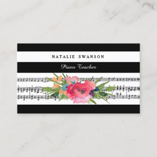 Carte De Visite Chic Floral Piano enseignant Notes musicales moder