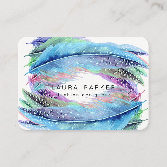 Carte De Visite Chic Girly d'oiseau de Boho d'aquarelle de plumes (Devant)