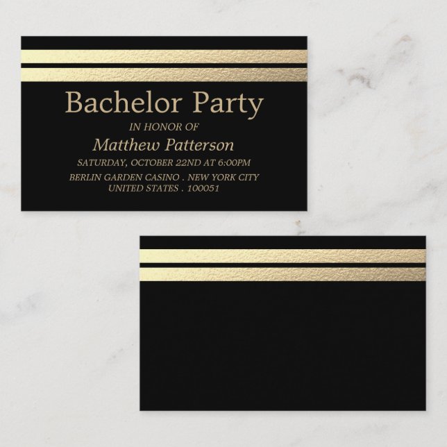Carte De Visite Chic Gold Foil Stripes Bachelor Party Bicket (Devant / Derrière)