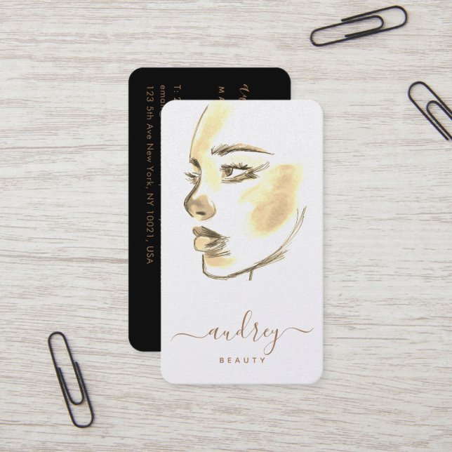 Carte De Visite Chic Golden Beauty Aquarelle Peinture Script (Devant/Arrière en situation)