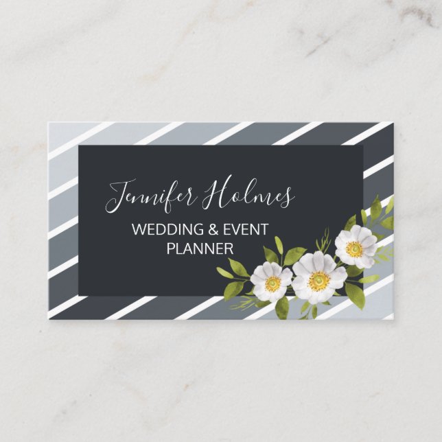 Carte De Visite Chic gris blanc rayures Fleur Botanique (Devant)