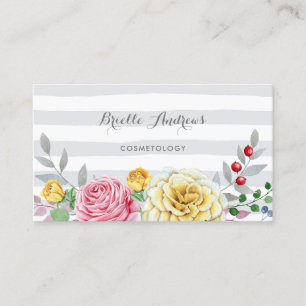Carte De Visite Chic Gris rayures rose et rose jaune Floral