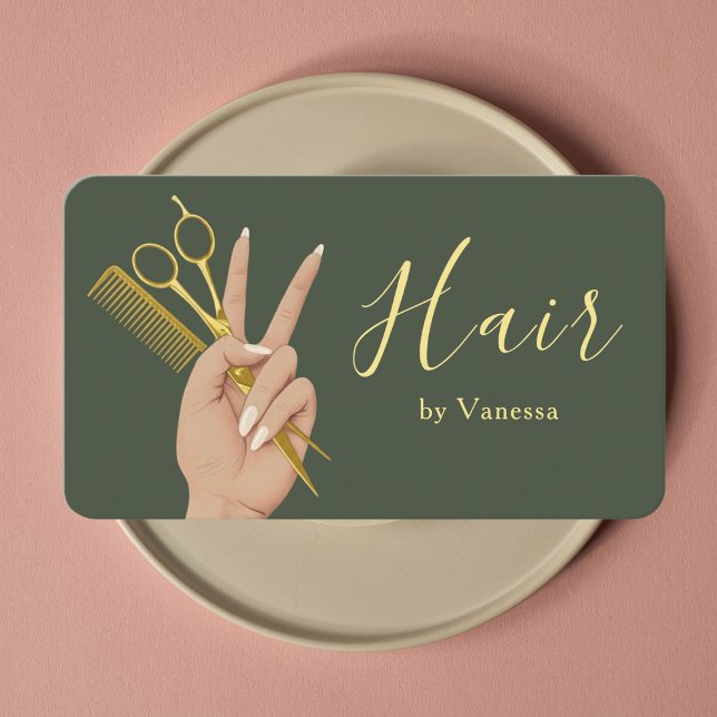 Carte De Visite Chic Hair Salon Hairstylist Hairdresser Sage Green (Créateur téléchargé)