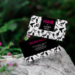 Carte De Visite Chic Hair Styliste<br><div class="desc">Carte de visite chic coiffeur styliste en noir,  blanc et magenta avec un motif silhouette d'outils styliste cheveux.</div>