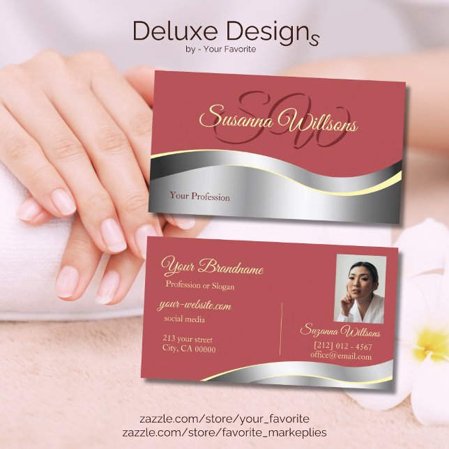 Carte De Visite Chic indien Rouge Vague Argent Initiales Décor Pho (Créateur téléchargé)