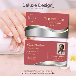 Carte De Visite Chic indien Rouge Wavy Argent Décor avec logo Phot