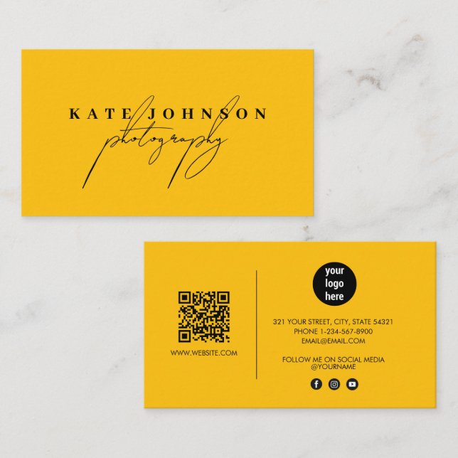 Carte De Visite Chic Jaune Signature Script QR Code Médias sociaux (Devant / Derrière)
