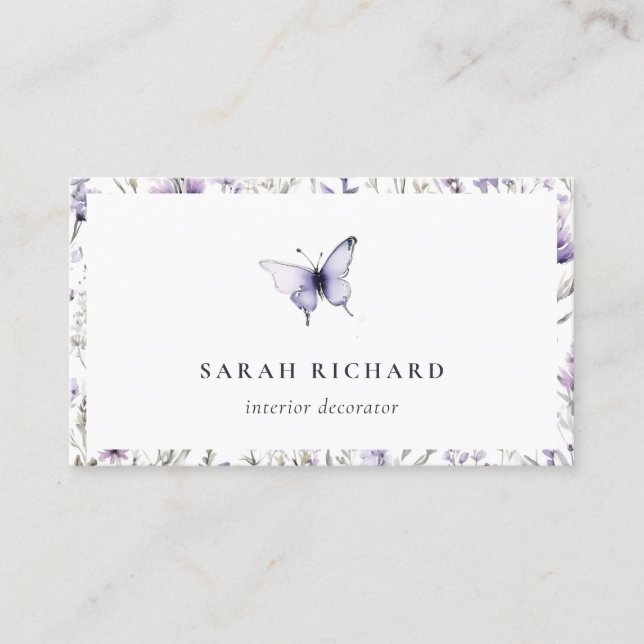 Carte De Visite Chic Lilac Purple Fleur sauvage Papillon Aquarelle (Devant)