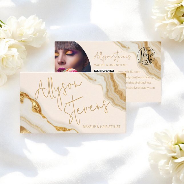 Carte De Visite Chic Luxe Marbre Or Maquillage & Coiffure Stylist  (Chic Luxury Gold Marble Makeup & Hair Stylist Qr Business Card)