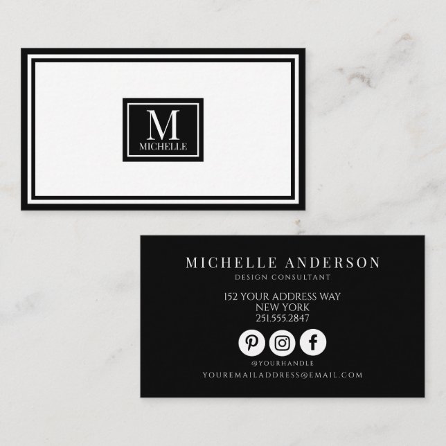 Carte De Visite Chic Luxe Monogramme Moderne Noir Blanc (Devant / Derrière)