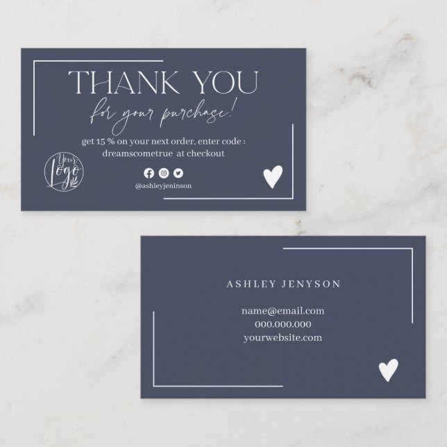 Carte De Visite Chic marine bleu logo script commander merci (Devant / Derrière)