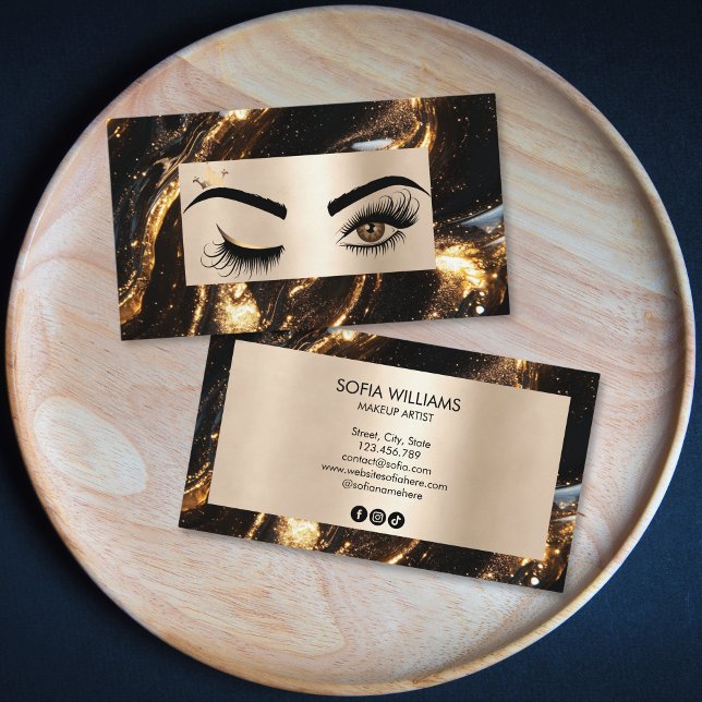 Carte De Visite Chic moderne Gold Maquillage Yeux Beauté Salon Las (liquid gold and wink eyes makeup artist business card)