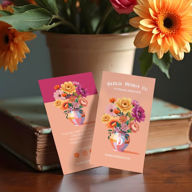 Carte De Visite Chic Moderne Retro À damiers Vase & Gras Florals (Chic Modern Retro Checkered Vase & Bold Florals Business Card)