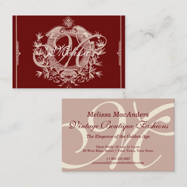 Carte De Visite Chic Monogramme Bourgogne Boutique Vintage (Devant / Derrière)