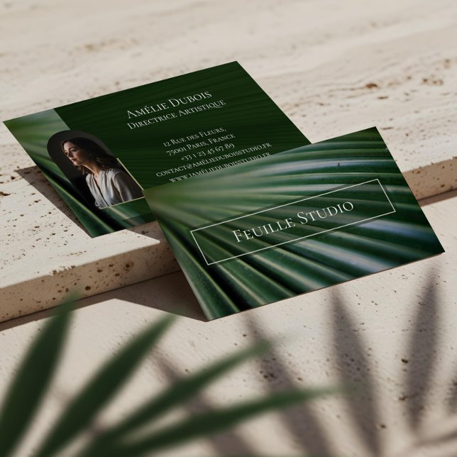 Carte De Visite Chic Moody Elegant Palm Leaf Luxury Feminine Photo (Chic Moody Elegant Palm Leaf Luxury Feminine Photo Business Card)