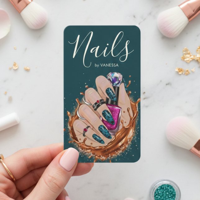 Carte De Visite Chic Nail Art Studio Manucure Artiste Vert Foncé (Créateur téléchargé)