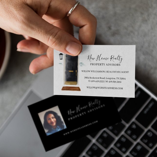 Carte De Visite Chic noir aquarelle porte avant Immobilier Photo (Chic Black Watercolor Front Door Real Estate Photo Business Card)